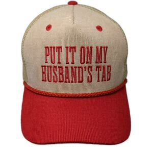 vie Trucker Hat Beige Red OS Put It On My Husband's Tab Corduroy Rope Snapback